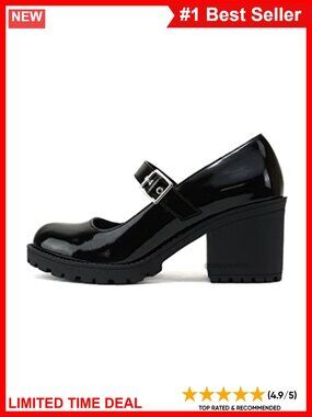 Mary Jane Round Toe Chunky Block Heel Lug Sole Pump Adjustable Strap
